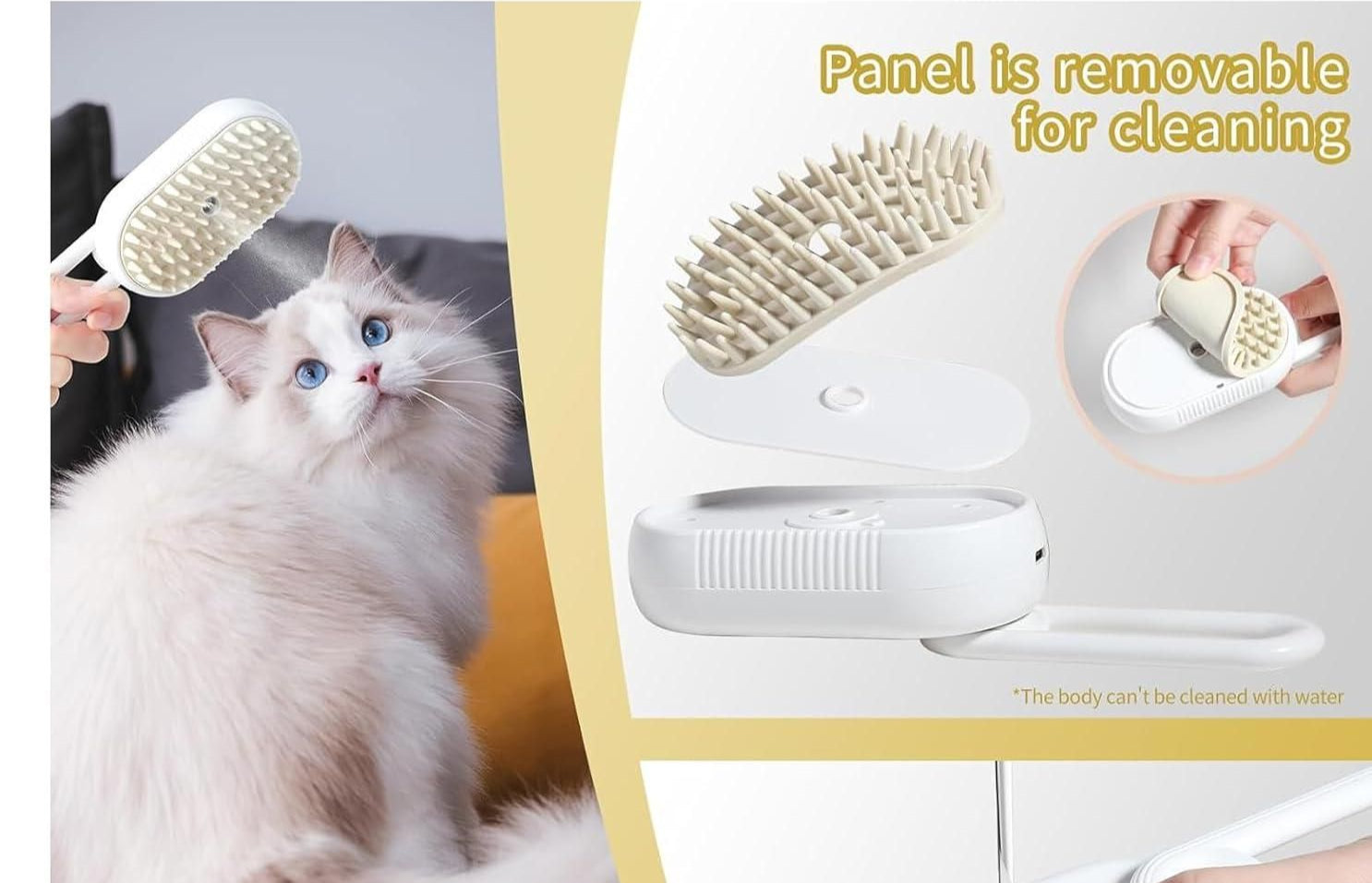 Pet grooming comb with detachable panel for cleaning, featuring a cat and close-up details.